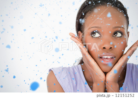 Close up of woman being afraid on white background 12151252