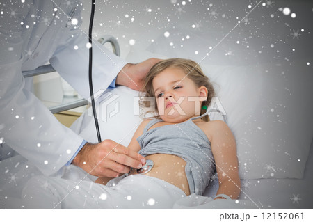 Composite image of doctor checking stomach of sick girl Composite image of doctor checking stomach of sick girl 12152061