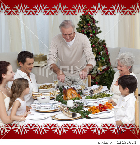 Family celebrating christmas dinner with turkey at home Family celebrating christmas dinner with turkey at home 12152621