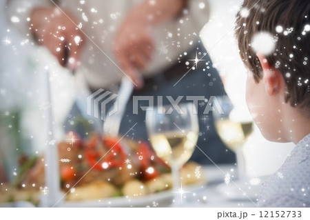 Little boy looking at a man carving the roast chicken 12152733