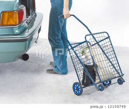 woman pulling a movable steel basket 12159749