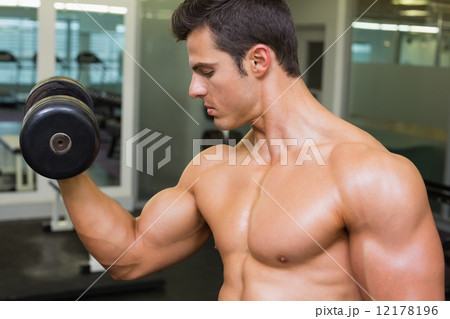 Shirtless muscular man exercising with dumbbell Shirtless muscular man exercising with dumbbell 12178196