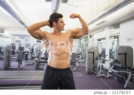 Shirtless muscular man flexing muscles in gym Shirtless muscular man flexing muscles in gym 12178237