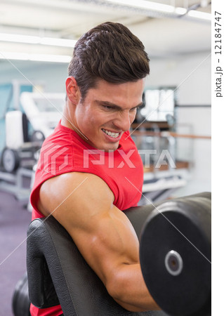 Muscular man exercising with dumbbell in gym 12184747