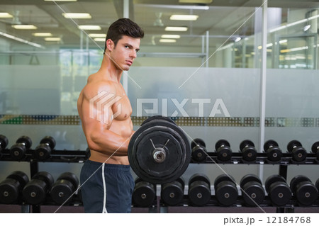 Shirtless muscular man lifting barbell in gym Shirtless muscular man lifting barbell in gym 12184768
