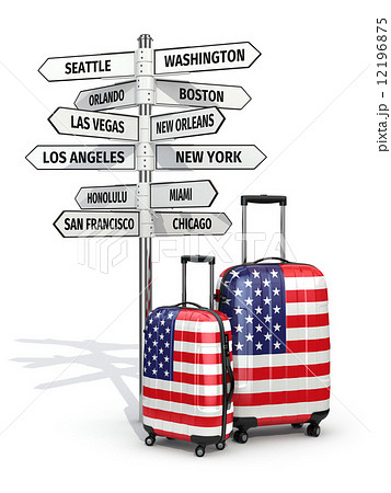 Travel concept. Suitcases and signpost what to visit in USA. 12196875