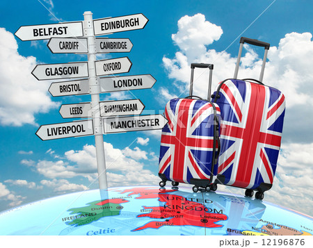 Travel concept. Suitcases and signpost what to visit in UK. 12196876
