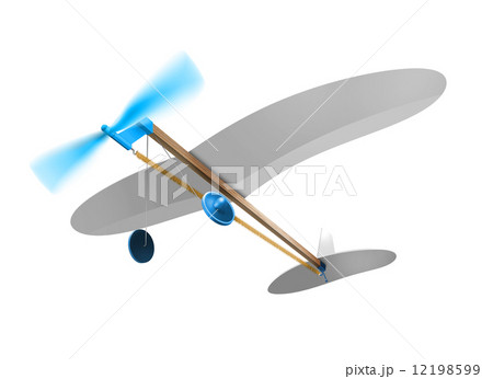 ゴム動力の飛行機　青　斜め下から　白背景　ｃｇ　イラスト 12198599