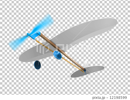 ゴム動力の飛行機　青　斜め下から　白背景　ｃｇ　イラスト 12198599