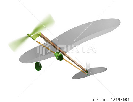 ゴム動力の飛行機 緑 斜め下から 白背景 ｃｇ イラストのイラスト素材