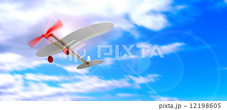 ゴム動力の飛行機　赤　斜め下から　青空　ｃｇ　イラスト 12198605