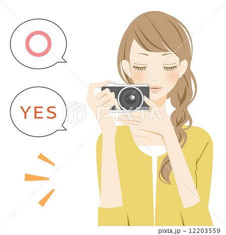 ポジティブパーツ カメラを構えた笑顔の女性のイラスト素材
