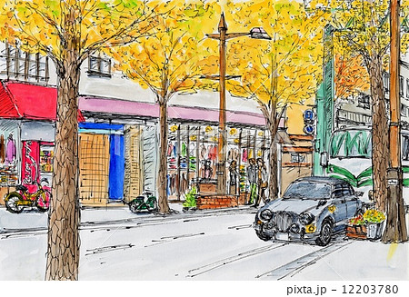 晩秋の街角風景のイラスト素材