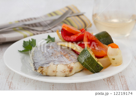 boiled swordfish with vegetables on the plate boiled swordfish with vegetables on the plate 12219174