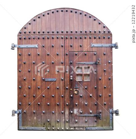 Front view of old medieval wooden castle gates isolated on white Front view of old medieval wooden castle gates isolated on white 12219432