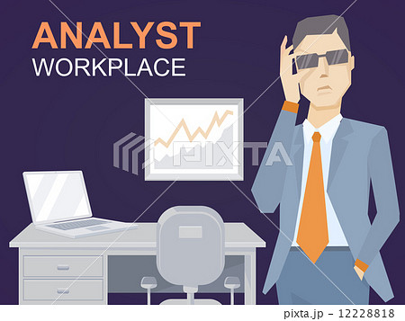 Vector illustration of a portrait of analyst man in a jacket hand holds glasses stands  12228818
