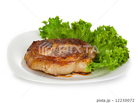 meat steak with lettuce isolated on white background 12230072