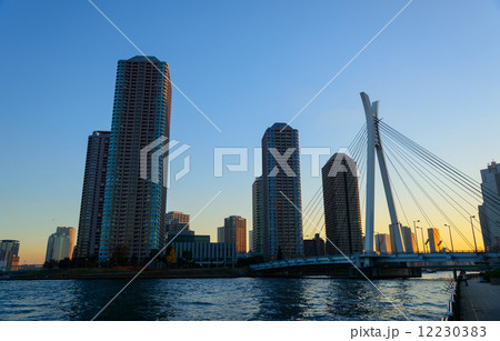 東京　夕暮れ時の大川端リバーシティ21の夕景 12230383