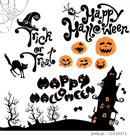 Set of Halloween elements - pumpkin, cat, mystery house and othe Set of Halloween elements - pumpkin, cat, mystery house and othe 12234371