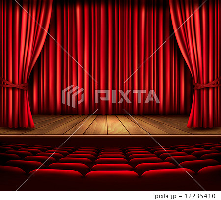 A theater stage with a red curtain, seats and a spotlight. Vecto A theater stage with a red curtain, seats and a spotlight. Vecto 12235410