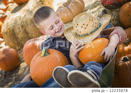 Two Little Boys Playing in Wheelbarrow at the Pumpkin Patch 12235678