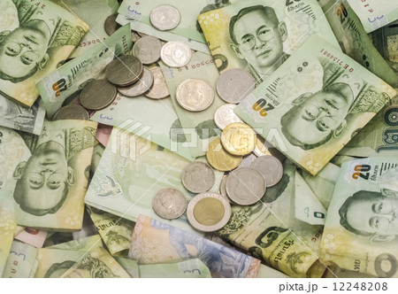Thai baht note and coin money display as background 12248208