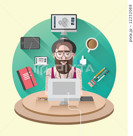 Hipster working at his desk vector 12252069