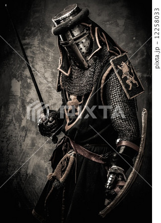 Medieval knight with a sword against stone wall 12258033