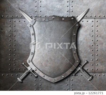 metal shield and two crossed swords over armor plates 12261771