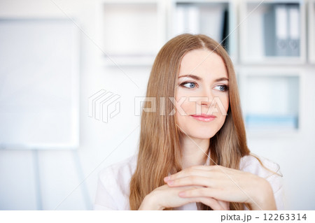 Portrait of a beautiful young business woman working in bright o 12263314