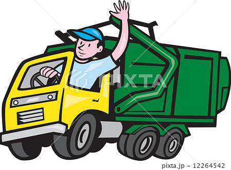 Garbage Truck Driver Waving Cartoon 12264542