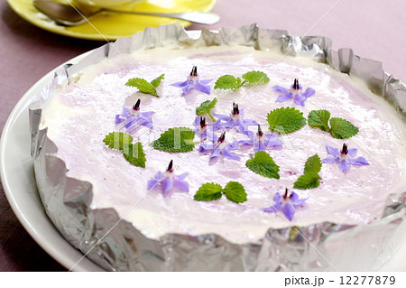 ハーブの花と葉を飾った手作りチーズケーキの写真素材