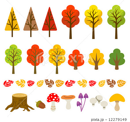 秋の素材 紅葉とキノコのイラスト素材