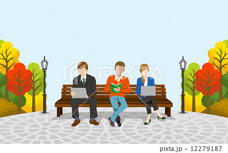 ベンチに座る3人 秋の公園のイラスト素材