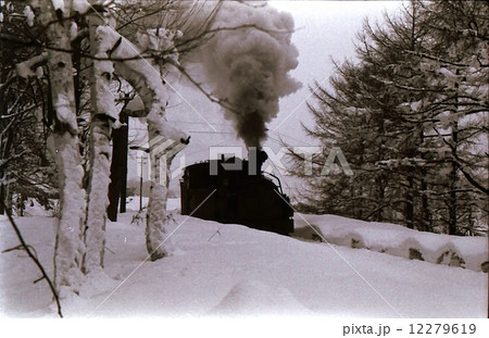 大雪の白樺林を行く専用線の蒸気機関車　昭和45年 12279619