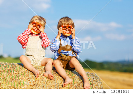 Two little sibling boys and friends sitting on hay stack  and ea 12291615