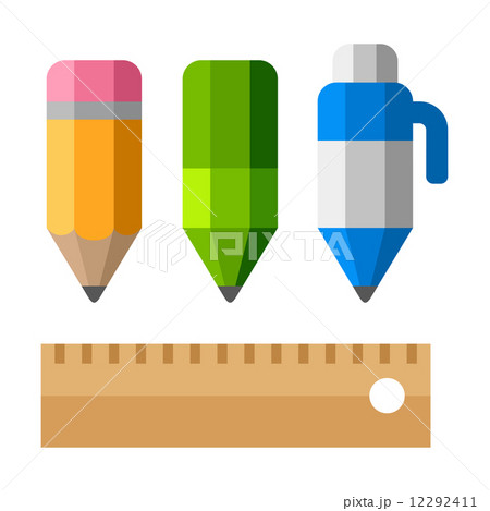 Drafting Tools on White Background. School Equipment Icons - Pen, Pencils and Ruler. Flat Vector Sty 12292411