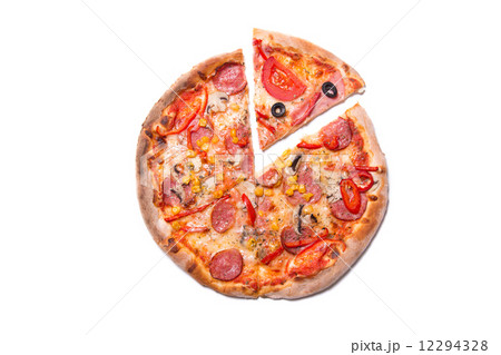 Tasty pizza with pepperoni and mushrooms with a slice removed 12294328