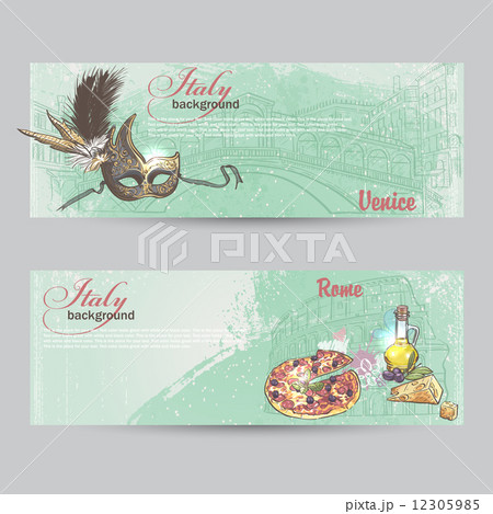 horizontal banners of Italy. Cities of Rome and Venice mask, Pitz, cheese and a can of oil 12305985