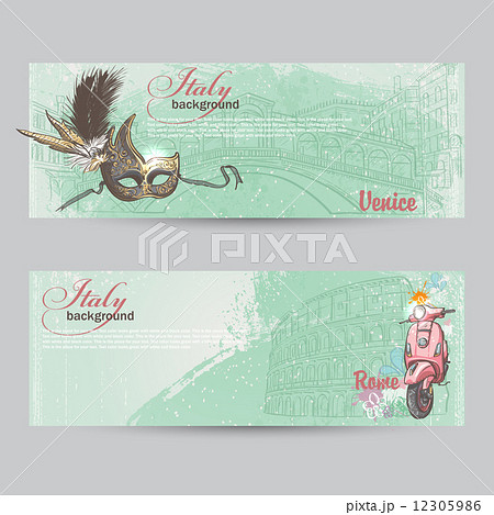 horizontal banners of Italy. Cities of Rome and Venice with a mask and a pink moped 12305986