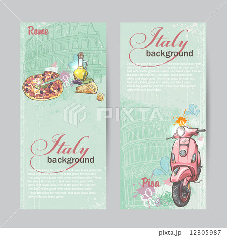 verticall banners of Italy. Cities of Rome and Pisa . pink moped, pizza, cheese an 12305987