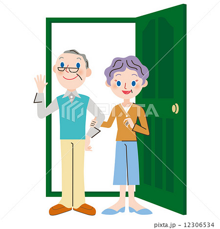 ドアの前に立つ老夫婦のイラスト素材