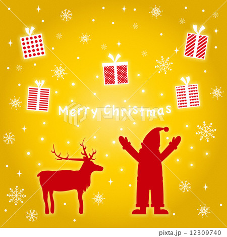 サンタクロース　トナカイ　雪の結晶　金色の空　ギフト　プレゼント　merrychristmas 12309740