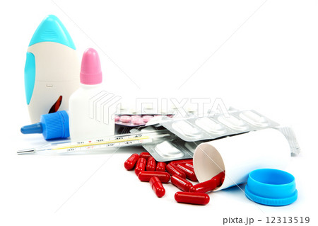 Medical bottles and pills on white background. 12313519