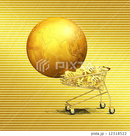 黄金通貨が満載のショッピングカートと黄金地球 12318522