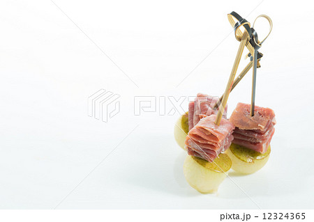 Appetizer. Creative cuisine. Prosciutto with pear on a white background. 12324365
