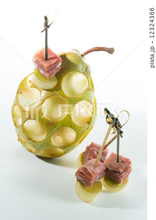 Appetizer. Creative cuisine. Prosciutto with pear on a white background. 12324366