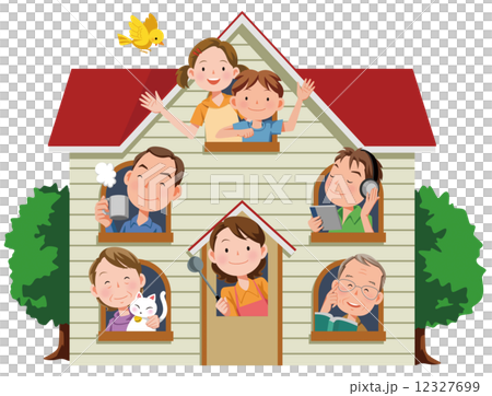 從房子的窗戶向外看的家庭 12327699