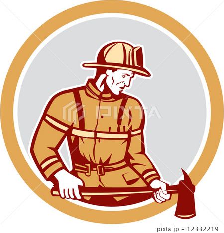 Fireman Firefighter Holding Fire Axe Circle 12332219