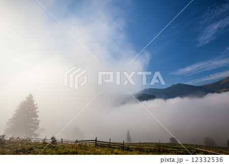 Dramatic clouds with mountain and tree 12332536